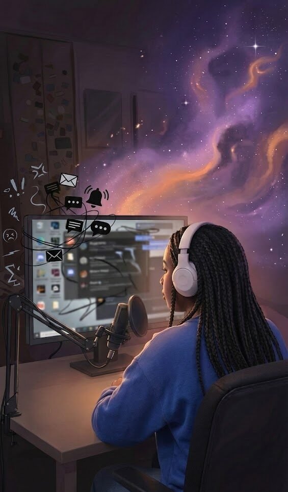 À propos de Kanalaxy : L'accompagnement humain pour les streamers 1 Visuel représentant une streameuse qui galère avec ses outils illustrant le manifeste de Kanalaxy