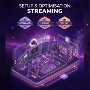 Composition graphique épurée montrant l'organisation de flux techniques et matériels, symbolisant l'optimisation de setup streaming et la configuration OBS pour une diffusion fluide.