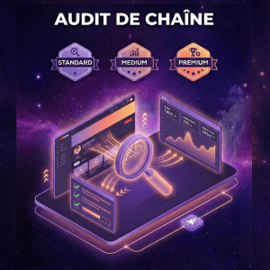 Audit de chaîne streaming. Loupe digitale stylisée analysant des flux de données violets et oranges, représentant l'analyse de performance et l'audit technique de chaîne Twitch par Kanalaxy.